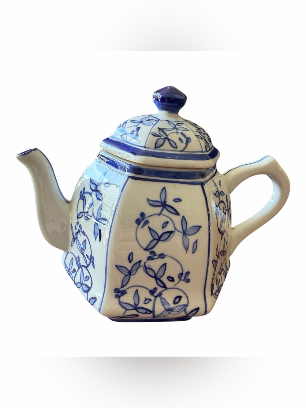 Vintage Thai Blue White Hexagonal Teapot Hand Painted Thailand